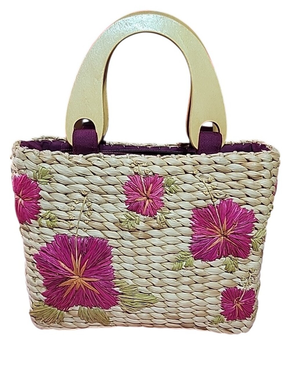 Faded Glory Vintage Woven Straw Floral Tote Bag With Wood Handles - Picture 4 of 10